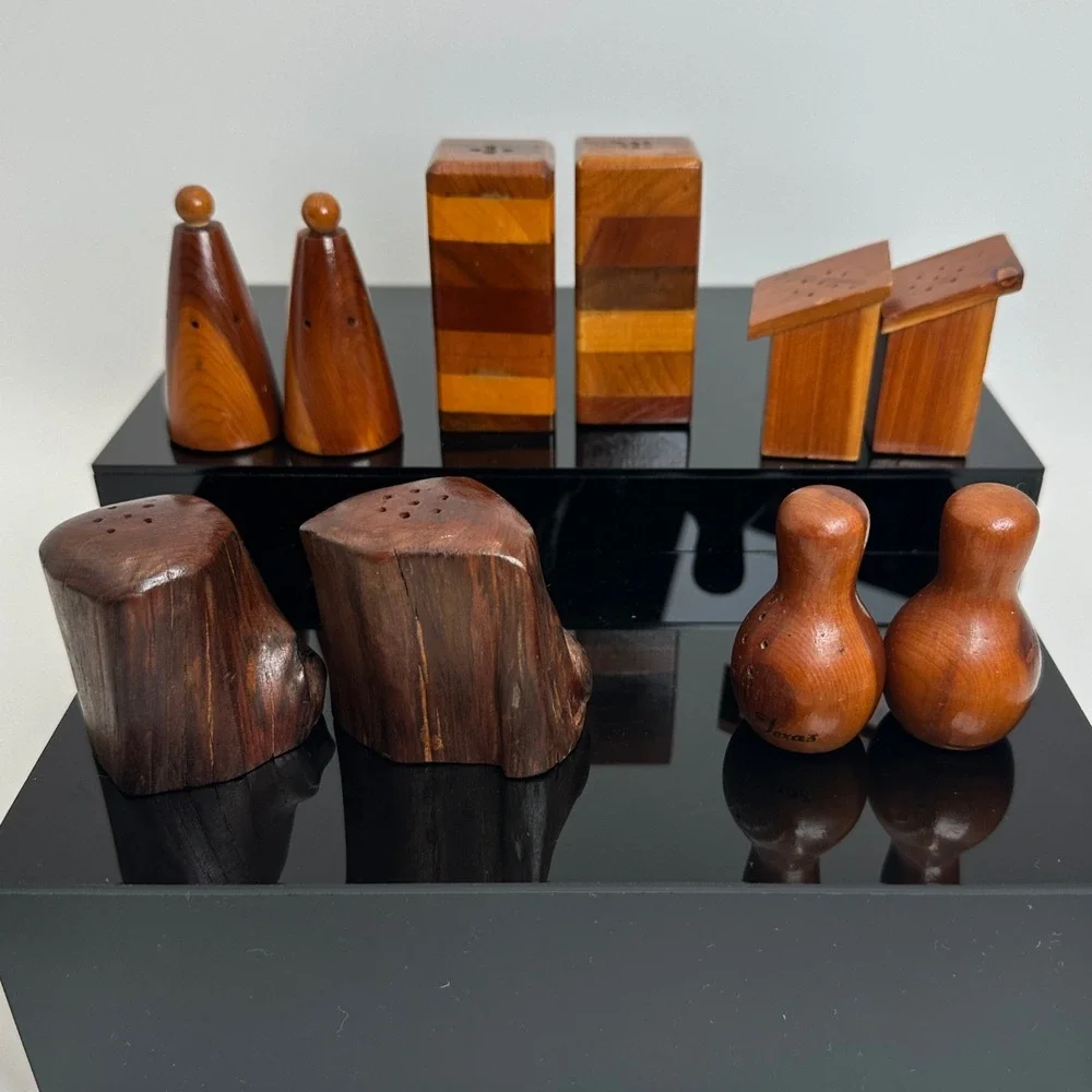 Vintage Salt Pepper Shaker Set Lot of 5 Wood Inlay Souvenir Novelty Rustic Mini